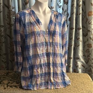 a.n.a Blue and Pink Pleated Blouse with Mandarin Collar